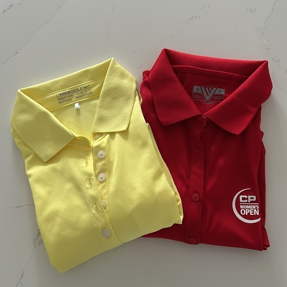 Nike Golf yellow and Levelwear CP Woman’s Open red Polo golf Shirt Size Medium